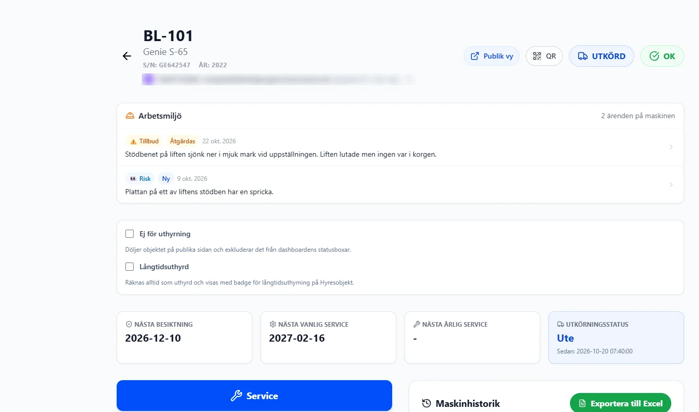 En maskin i Nexto Flow med besiktningar, service och ärenden