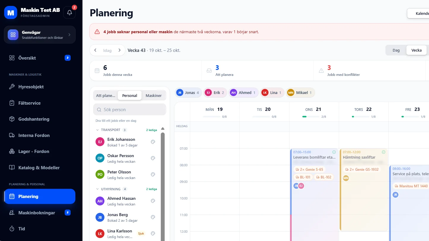 Planeringen i Nexto Flow: veckovy med jobb, personal och maskiner