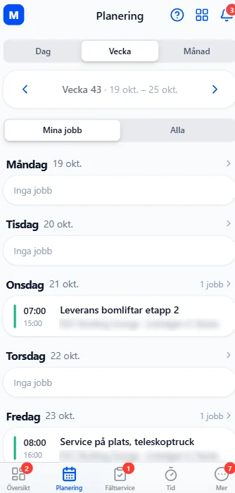 Mina jobb för veckan i mobilen