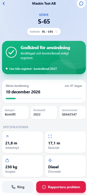 QR-sidan för en maskin: godkänd för användning och nästa besiktning